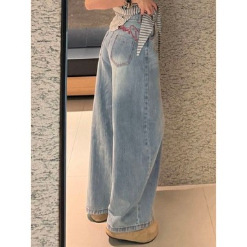 【WYZ】小個子寬鬆淺藍色刺繡闊腿美式顯瘦彎刀牛仔褲女高腰直筒拖地長褲