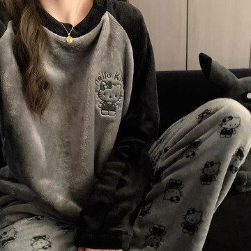 【珊瑚絨睡衣女】拼色新款 加絨加厚 法蘭絨保暖 甜美卡通 學生家居服 長袖 褲子 女裝 居家服 冬天 舒適睡衣 衣服 女
