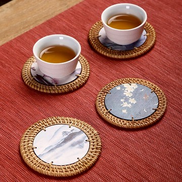 越南進口藤編杯墊碗墊壺墊杯托防滑墊餐桌墊隔熱墊禪意茶道零配件