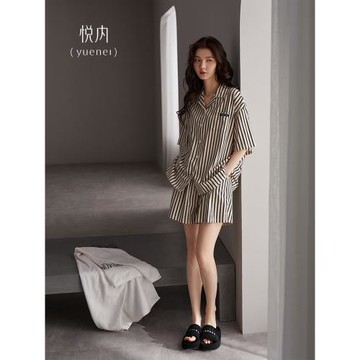 悅內女士睡衣女款夏款夏季純棉短袖短褲家居服夏天開衫條紋套裝