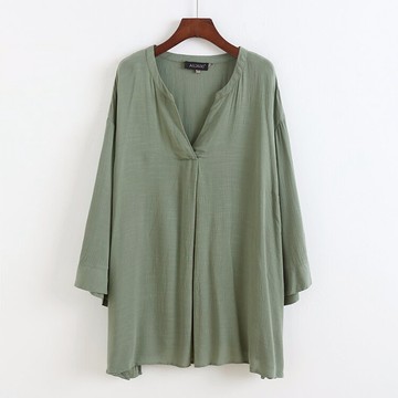 V領棉麻襯衫 T恤衫春春季新款寬松長打底衫 女上衣R/5-4