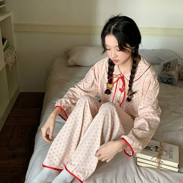 DUYI~夢詩 睡衣女春秋季新款撞色圓點長袖套裝韓版蕾絲邊兩件套家居服可外穿