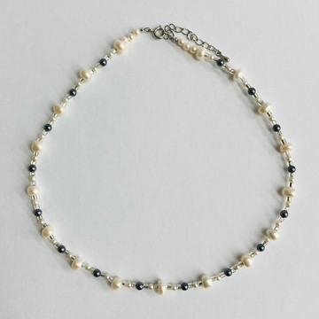 貝殼巴洛克珍珠與復古珠飾混搭項鍊 C / 約 42cm + 5cm / 奶油 x 午夜藍 / R / made in japan