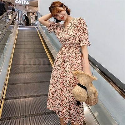 ミモレワンピース レディースワンピース 夏服 ワンピース V襟 花柄 シフォンワンピ 腰括れ Aライン 綺麗め 通販 Lineポイント最大get Lineショッピング