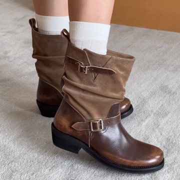 牛仔靴．復古皮革拼接金屬釦圓頭粗跟短靴．白鳥麗子