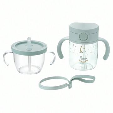 Richell 利其爾 學習水杯組合 6個月以上適用 附有可拆式掛帶  200ml  1組  幻夢木馬 淺藍綠色