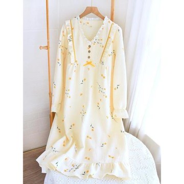 空氣棉純棉加厚睡袍女秋冬季長袖三層夾棉浴袍睡衣保暖睡裙家居服