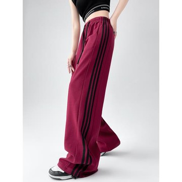 條紋衛褲女2025新款秋冬季小個子闊腿直筒褲寬松三條杠加絨運動褲