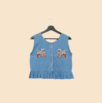 Back to Green-丹寧刺繡背心 小熊家族 dv-33//vintage vest