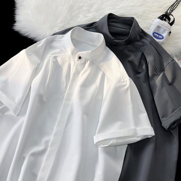 純色冰絲襯衫男士短袖夏季半袖ins潮流工裝休閑開衫襯衣外穿薄款