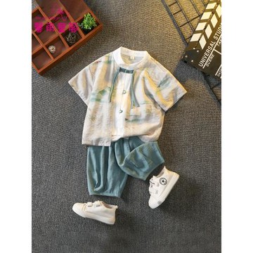 漢服男童國風夏裝新中式兒童古裝寶寶唐裝帥氣男孩中秋節古風套裝