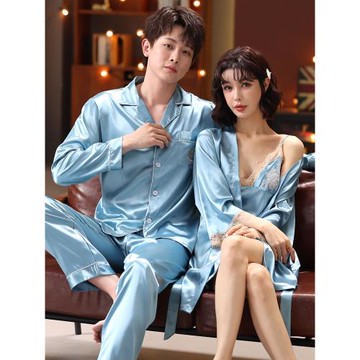 高級感冰絲情侶睡衣春秋款性感睡裙吊帶胸墊夏季真絲綢女男士套裝