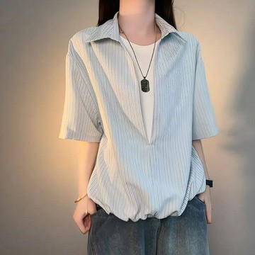 新款潮流襯衫 假兩件短袖襯衫 男女款 休閒襯衫 百搭襯衫 短袖襯衫 夏季條紋拼接慵懶半袖襯衣 Z7
