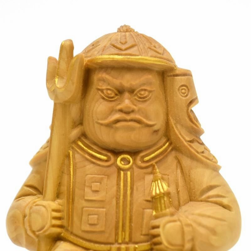 七福神　木彫りの面 木彫り仏像 七福神之【毘沙門天】 柘植 金泥付 高さ7.8cm 開運