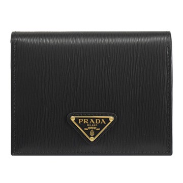 PRADA 1MV204 經典三角LOGO水波紋對開扣式零錢短夾.黑