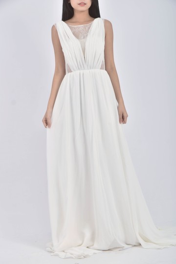 (S) 質感禮服紡紗無袖白色綁帶洋裝