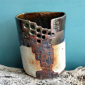 古堡造型多重結晶釉色陶器 筆筒 花瓶 手機架 藝術品 擺飾