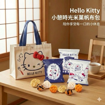 【遊戲家】Hello kitty小憨時光米果帆布包 可愛KT米果帆布包（綜合米菓15Gx8包）