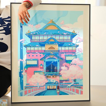 宮崎駿動漫千與千尋壁畫卡通人物粉色日式櫻花掛畫臥室潮流裝飾畫