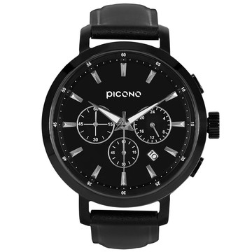 PICONO Watches D-Time 真三眼多功能系列真皮錶帶手錶 DT-9202 黑色