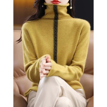 秋冬新款羊絨衫女堆堆領回字紋長袖毛衣套頭純羊毛打底針織衫百搭