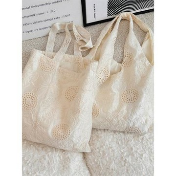 49261 法式文藝鏤空刺繡單肩包大容量帆布背心包溫柔氣質女托特包