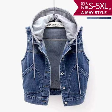 加大碼上衣-連帽刺繡斜口袋牛仔背心(S-5XL)【XC279137】＊艾美時尚(現+預)