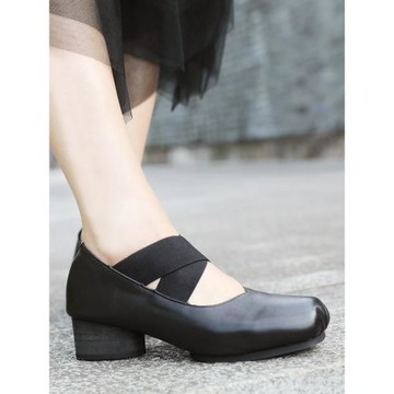 真皮淺口方頭粗跟女士單鞋新款春秋美式潮牌小眾高級感復古小皮鞋