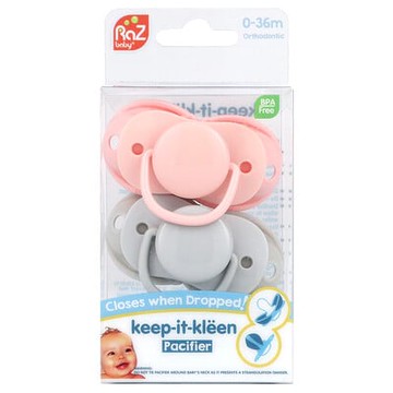 RaZbaby, Keep-It-Kleen 安撫奶嘴，0-36 個月，粉色和灰色，2 個