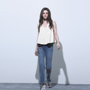 藍色M 【PANGCHI 龐吉】不收邊繡花牛仔褲