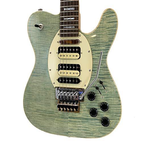 GoDpsMusic String Sawtooth ET Hybrid Electric Guitar with Floyd Rose, Flame Maple Grass Stained Blue Jean, with ChromaCast Pro Series Gig Bag,