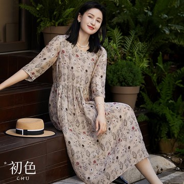 初色 印花收腰連衣裙短袖連身洋裝長洋裝-花色-35854(M-2XL可選)