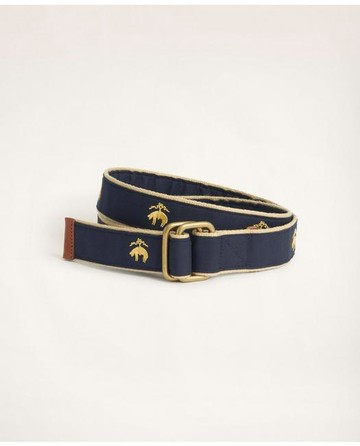 Brooks Brothers Men's Embroidered Leather Tab D-Ring Belt | Navy | Size Large