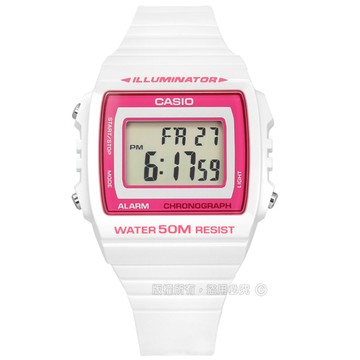 CASIO / W-215H-7A2 / 卡西歐 計時碼錶 LED照明 鬧鈴 電子數位 橡膠手錶 桃紅x白 38mm