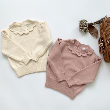 可愛甜美花朵領秋冬女兒童寶寶純棉線針織鉤花花邊領打底毛衣上衣