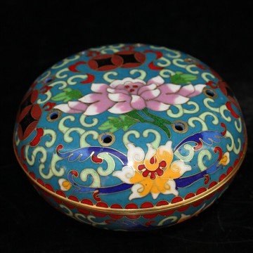 民間收藏老純銅景泰藍掐絲琺瑯彩花卉粉盒古董古玩