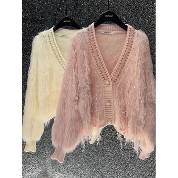 氣質小眾重工燙鉆V領毛衣女秋冬2025新款小眾寬松長袖粉色上衣潮