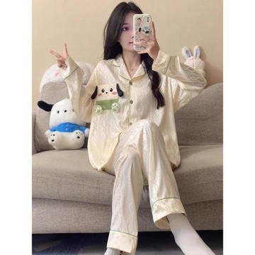 睡衣女款春秋天冰絲綢長袖長褲寬松開衫卡通網紅風夏季家居服套裝