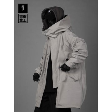 吉業重工原創潮牌假兩件風衣男2023新款休閑寬松大衣連帽棉服外套
