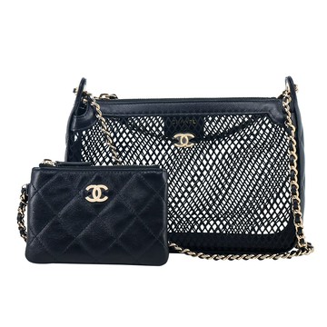 CHANEL Clutch with chain 經典雙C LOGO 小羊皮網紗晚宴包(黑色)