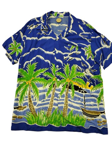 日本古著 夏威夷  藍色海島圖騰 國民領 短襯 L號 近全新