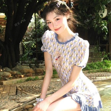 💖臺灣出貨💖泳衣2026新款小羊印花泡泡抽繩連體顯瘦可愛泳裝保守泡溫泉泳衣女0513