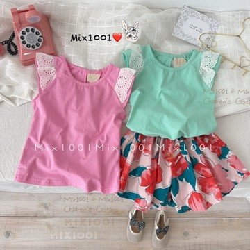 🌈mix1001 洞洞緹花袖造型袖上衣✨兒童後小開洞造型無袖上衣 5-17