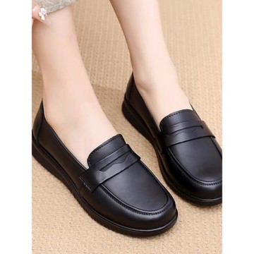 冬季加絨真皮媽媽鞋保暖舒適軟底單鞋女皮鞋平底防滑奶奶舒適女鞋