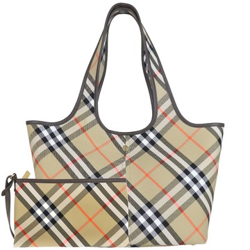 BURBERRY 蘇格蘭紋帆布皮飾邊手拿包側肩托特包-卡其