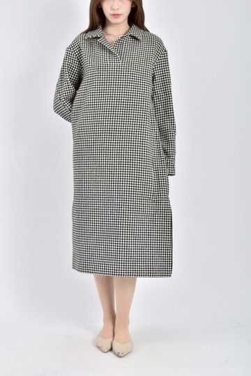 (M) 質感長袖千鳥格紋黑色洋裝