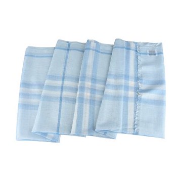 BURBERRY 標籤LOGO深淺藍格紋羊毛桑蠶絲混紡披巾圍巾(藍)