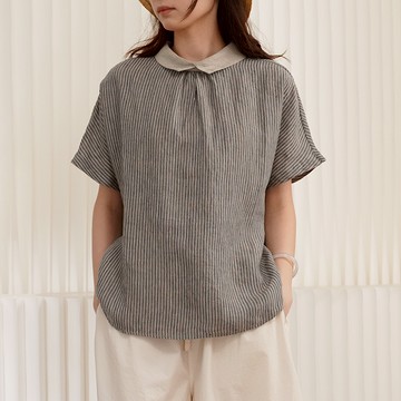 亞麻小翻領條紋上衣049142