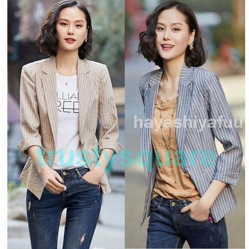 レディースストライプ柄ジャケットスーツ薄手七分袖ジャケットテーラードジャケットスプリングコートカジュアル女性通勤olオフィス結婚式二次会 通販 Lineポイント最大get Lineショッピング