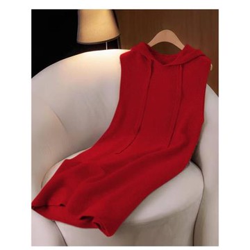 新年紅色中長款連帽馬甲女士寬松針織無袖羊毛連衣裙馬甲坎肩大碼